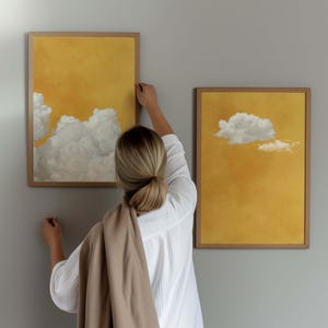 Gelbe Wolke Wand-Kunstdrucke, minimalistisches 2er-Set, lebendige abstrakte Kunst, bunte Schlafzimmerkunst, großes Wohnzimmerdekor, Himmelkunstdruck