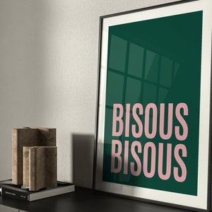 Bisous Bisous French Kiss Kunstdruck · French Kisses · Smaragdgrünes Dekor · Dunkelgrüne Wandkunst · Pinke Wandkunst, Schlafzimmer Wandkunst, über Bett