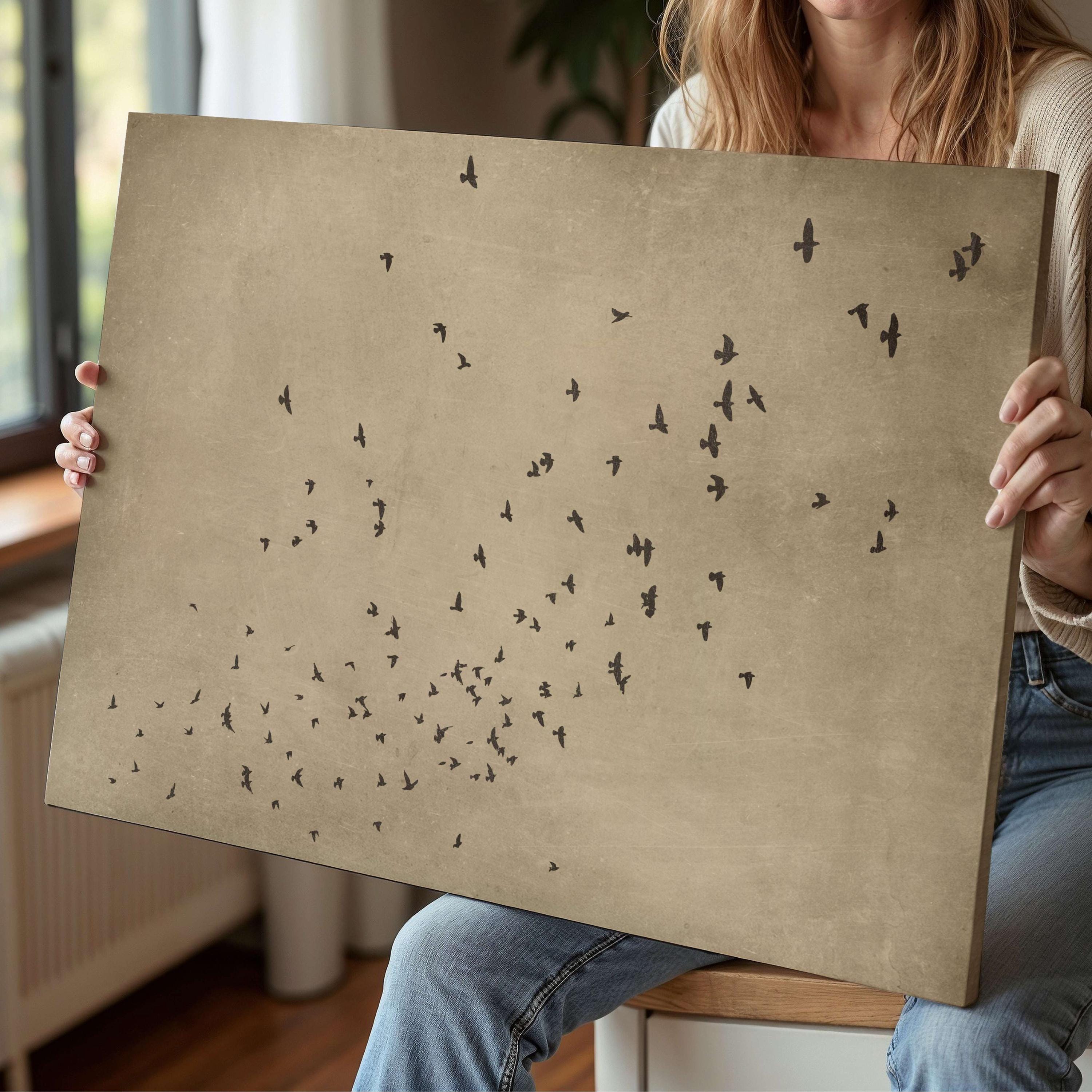 わびさびの空飛ぶ鳥のキャンバスアート、ブラウンの額入りプリント