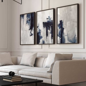 Impresiones de arte de pared abstractas azules, conjunto de 3 impresiones, azul marino, gris, decoración de sala de estar, cartel de pintura, grande, tríptico, moderno, minimalista