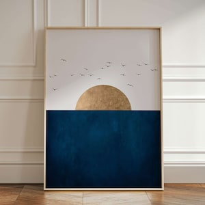 Blue and Gold Sun Wall Art Print, Birds, Golden, Japanese Wall Art, Dark Blue, Navy, Minimalist, Eclectic Decor, Large, Sunrise, Sunset