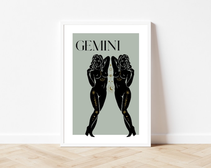 Gemini Poster · Gemini Gifts · Zodiac Print · Sage Green Decor · Astrology Wall Art, Birthday Gift, Best Friend Gift, Room Decor Aesthetic