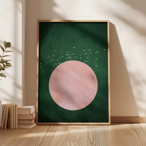 Impresión de arte de pared de pájaros voladores verdes esmeralda, sol rosa, arte japonés, arte abstracto, decoración de la sala de estar, grande, verde bosque, japonés, dormitorio