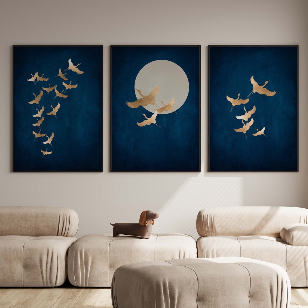 Dark Blue Japanese Cranes Wall Art, Set of 3 Prints, Japandi Decor ...