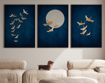 Arte de pared de grúas japonesas de color azul oscuro, conjunto de 3 grabados, decoración japonesa, decoración de sala de estar grande, impresión de pájaros Tsuru, arte lunar, arte de pared del dormitorio