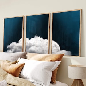 Arte murale nuvola blu scuro, set di 3 stampe, decorazione blu navy, decorazione sopra il letto, decorazione per camera da letto, poster nuvola, arte murale minimalista, decorazione Japandi