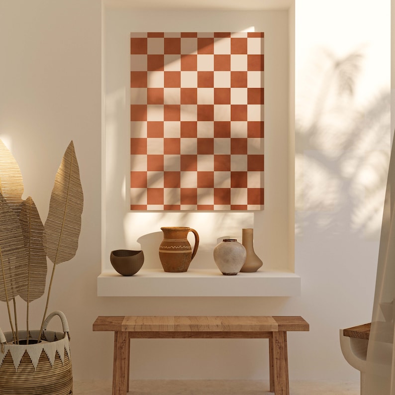 Rust Checkerboard Canvas Wall Art, Minimalist Framed Art Print, Beige ...