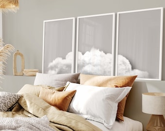 Grey Cloud Wall Art Prints, Set of 3 Prints, Above Bed Decor, Bedroom Decor, Cloud Poster, Minimalist, Japandi, Wall Decor Over the Bed