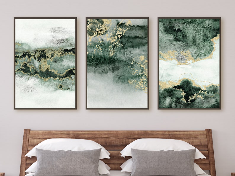 Emerald Green and Gold Abstract Art Set of 3 Prints Etsy UK