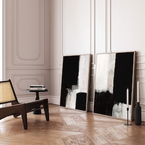 Neutrale abstracte canvas kunst aan de muur, ingelijste kunst, zwart wit, set van 2, abstracte kunst, kunst aan de grote muur, schilderij, minimalistisch, woonkamer decor