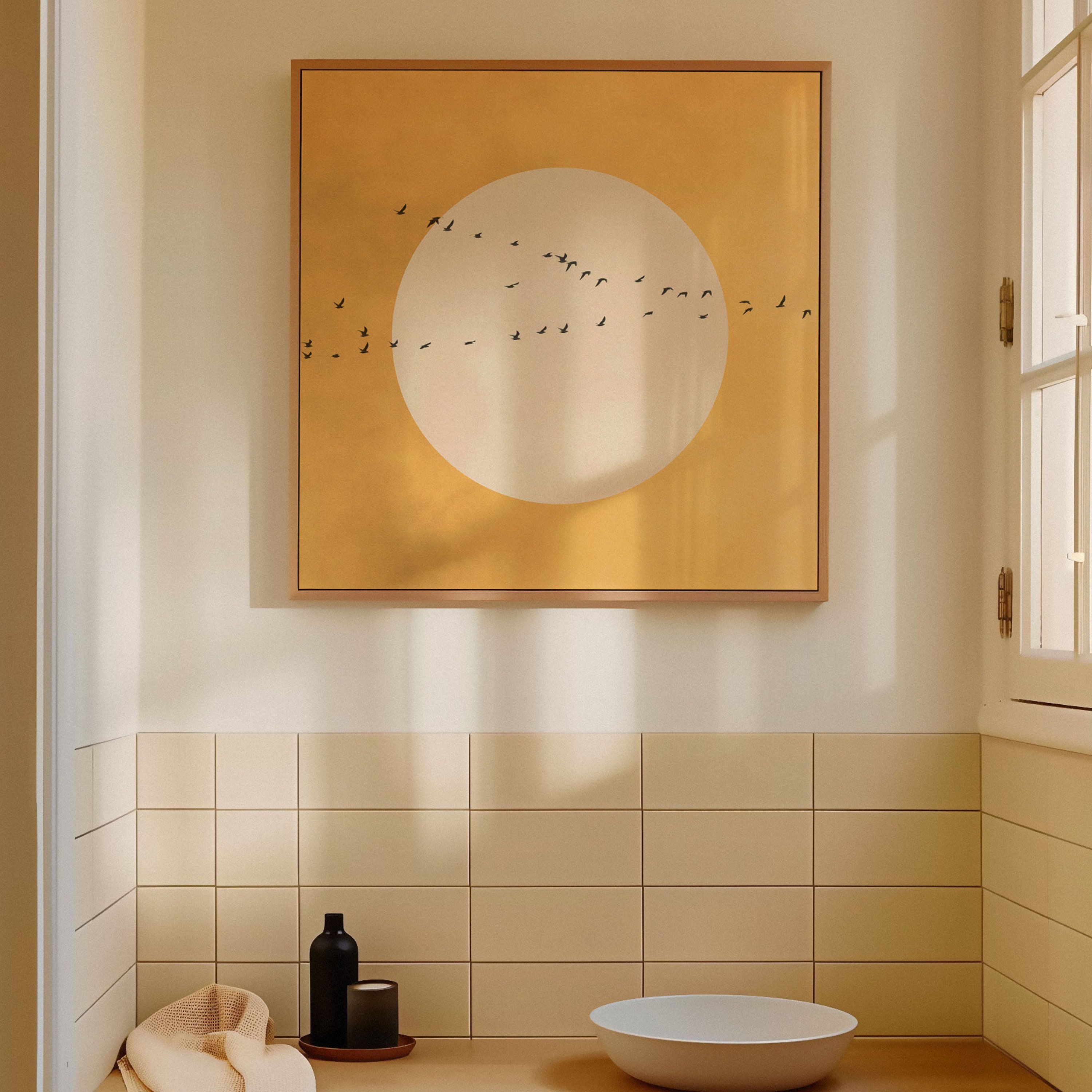 Yellow Sun Japandi Canvas Wall Art, Framed Flock of Birds