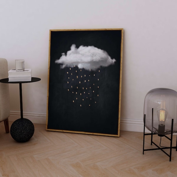 Schwarz und Gold Regen Wolke Druck, abstrakte Kunst, Wolke Poster, Wohnzimmer Wanddekor, moderne minimalistische Wandkunst, surreale Kunst, Wohnkultur