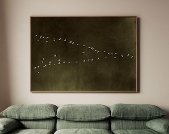 Earthy Green Wabi Sabi Canvas Art, Framed Flock of Birds Print, Horizontal Sky Art, Large Minimalist Living Room Decor, Bird Formation Art