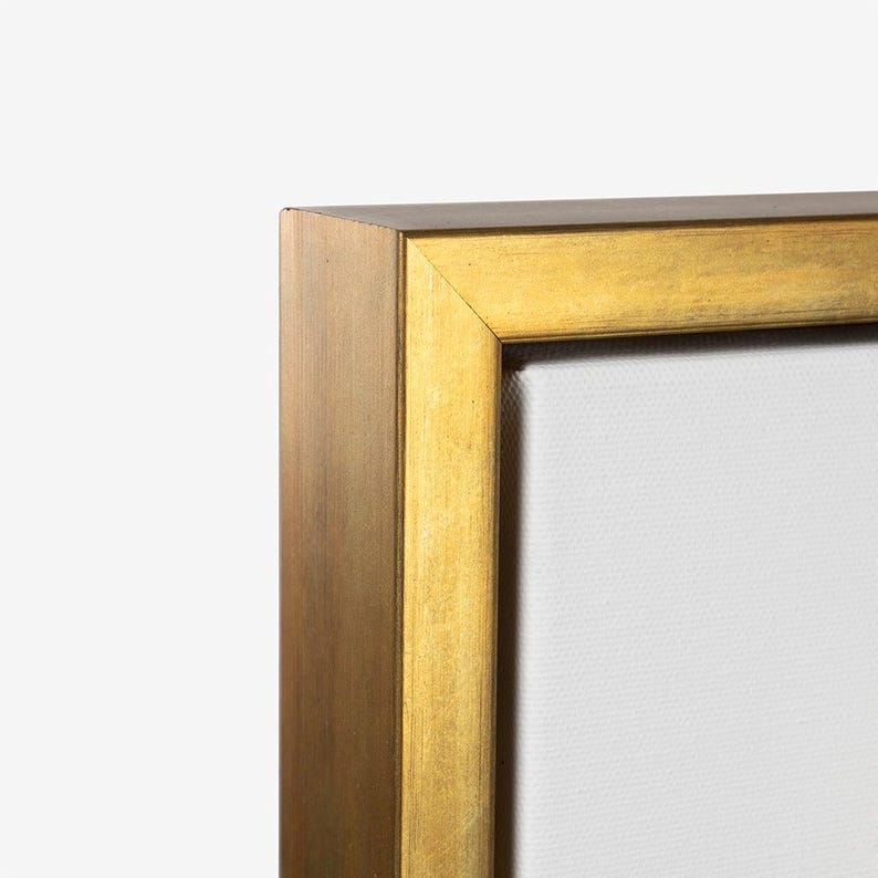 May include: Close-up of a gold-colored picture frame with a white canvas. The frame has a brushed gold finish on the front and a darker, bronze-colored finish on the sides. The canvas is a bright white color.