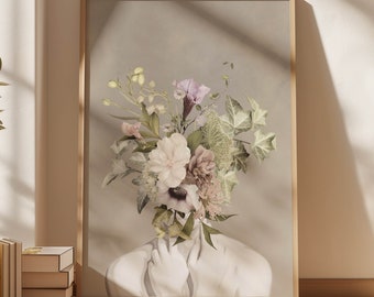 Neutral Flower Head Woman Wall Art, Botanical Print, Floral Poster, Maximalist, Living Room Decor, Large Wall Art, Giclée, Aureous Original