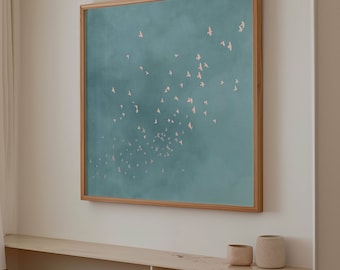 Pink and Blue Flock Birds Square Wall Art Print, Japandi Painting, Minimalist Decor, Large Living Room Decor, Pastel Decor, Spring Print