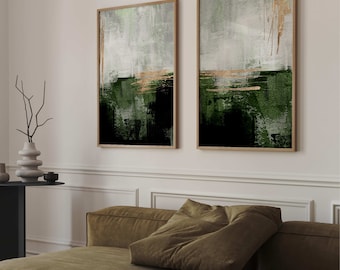 Green and Gold Abstract Art Prints · Set of 2 Prints · Emerald Green Decor · Apartment Decor · Minimalist Wall Art · Living Room Wall Art