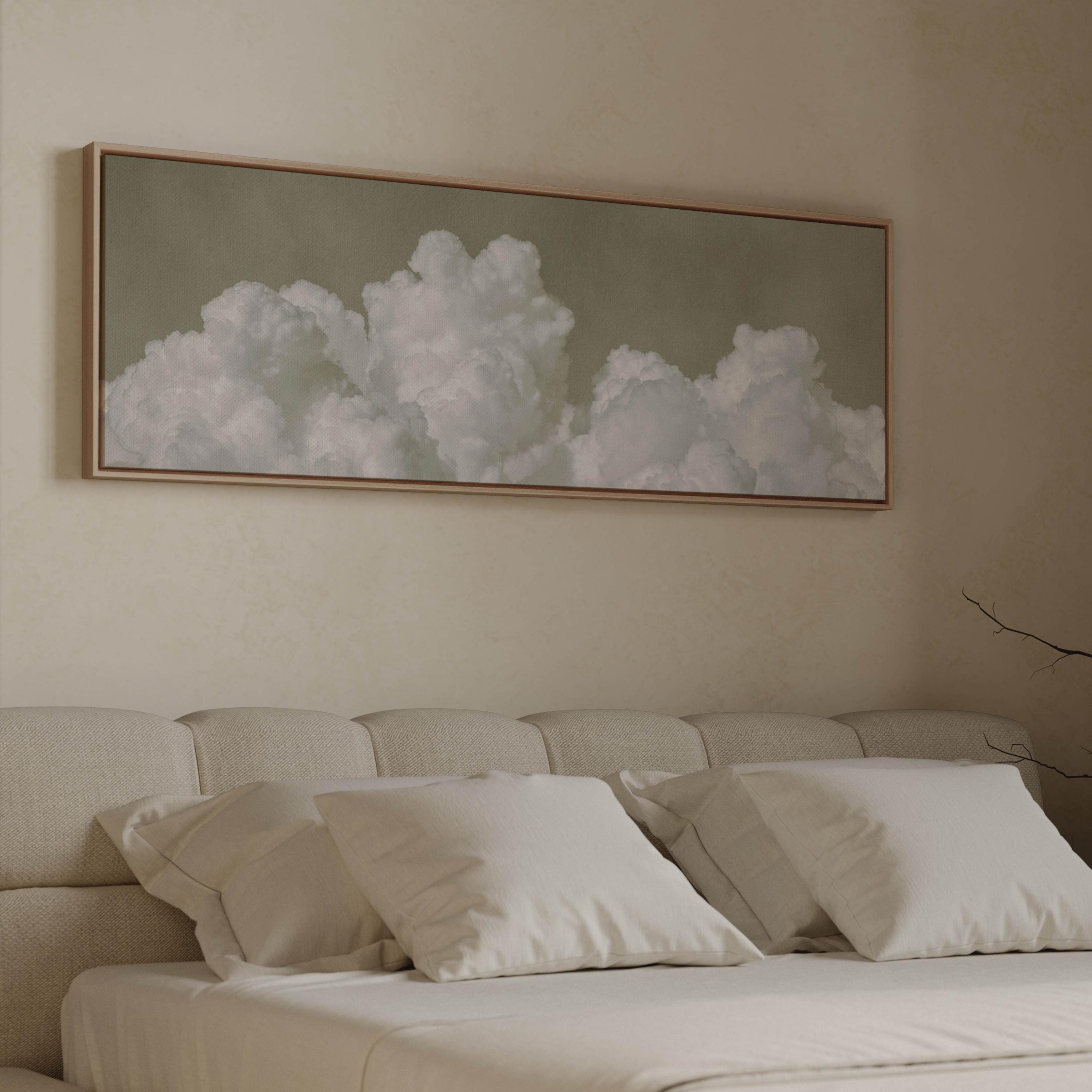 Olive Cloud Panoramic Canvas Wall Art, Framed Horizontal Wall Art, Wide Minimalist Art, Large Living Room Decor, Dark Sage Green Sky Art