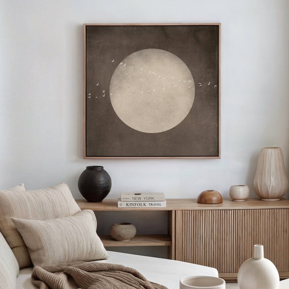 Brown Moon Japandi Canvas Wall Art, Framed Flock of Birds Print