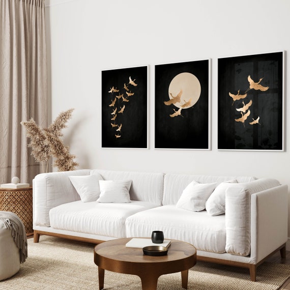 Black and Gold Wall Art Prints, Flying Cranes, Japanese Wall Art