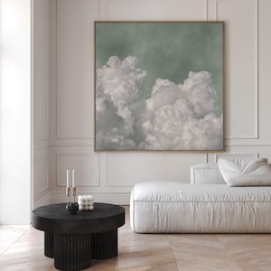 Sage Green Cloud Wandkunst, quadratischer Leinwanddruck, Himmel, minimalistisch, extra große Wandkunst, Wohnzimmerdekor, gerahmte Wandkunst, Schlafzimmer, über dem Bett
