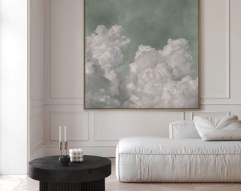 Sage Green Cloud Wall Art, Square Canvas Print, Sky, Minimalist, Extra Large Wall Art, Living Room Decor, Framed Wall Art, Bedroom, Over Bed