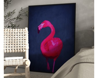 Indigo Bright Pink Flamingo Wall Art Print · Neon Pink Flamingo Poster, Maximalist Decor, Large Wall Art, Eclectic Decor, Living Room, Blue