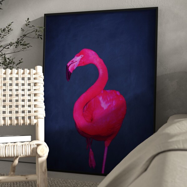 Indigo Bright Pink Flamingo Wall Art Print · Neon Pink Flamingo Poster, Maximalist Decor, Large Wall Art, Eclectic Decor, Living Room, Blue