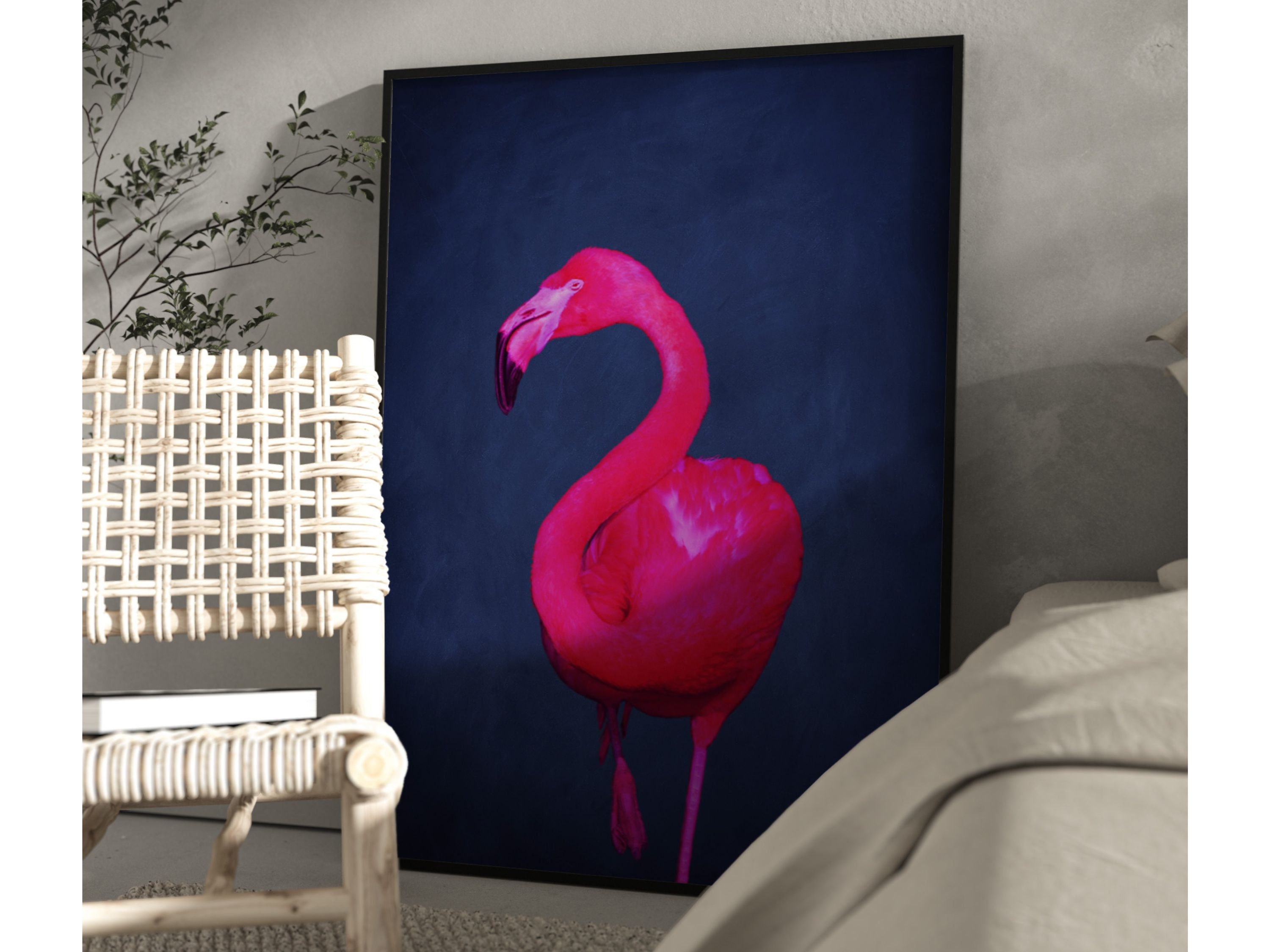 Indigo Bright Pink Decor, Living Room, Etsy Wall Pink Flamingo Wall Blue Art - Maximalist Decor, Flamingo Poster, Print Eclectic Large Neon Art