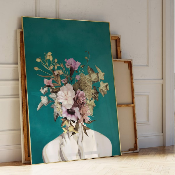 Teal Flower Head Woman Wall Art, Botanische Print, Floral Poster, Maximalist, Grote Woonkamer Decor, Giclée Aureous Origineel, Turquoise Kunst