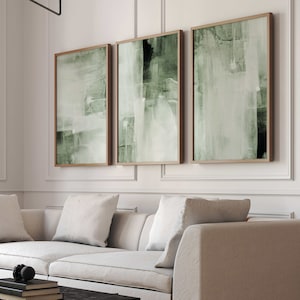 Estampados de arte de pared abstracto verde salvia, conjunto de 3 grabados, arte abstracto, conjunto de pared de galería, decoración de sala de estar, pintura, póster, minimalista, grande