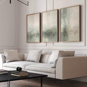 Salbei grüne Landschaft Wandkunst, Triptychon Wandkunst, 3er-Set Drucke, Zen abstrakte Kunst, minimalistische Malerei, große nordische Wohnzimmerdekoration