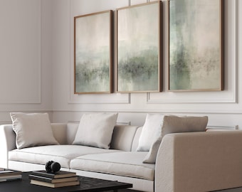 Sage Green Landscape Wall Art, Triptych Wall Art, Set of 3 Prints, Zen Abstract Art, Minimalist Painting, Large Nordic Living Room Decor