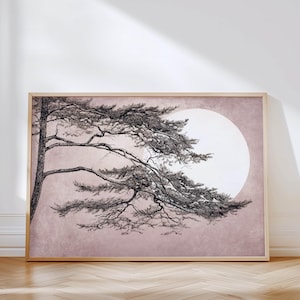 Pink Vintage Pine Tree Wall Art Print, Bedroom Decor, Large Living Room Decor, Horizontal Art, Moon Art, Sun Art, Landscape Art