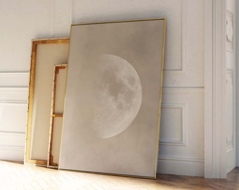 Beige maan muurkunst print, neutrale muurkunst, poster, hemels, maanfase, woonkamerdecor, slaapkamer, boven het bed, minimalistisch, groot