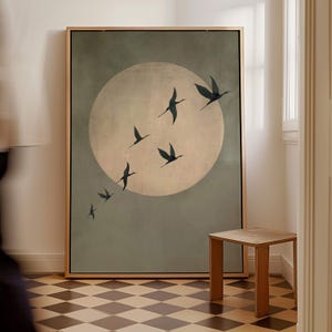 Sage Green Japandi canvas Wall Art, Framed Flying Birds Wall Art, Abstract Sun Art, Large Living Room Decor, Japanese Wall Art, Moon Sky Art