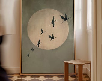 Sage Green Flying Birds canvas Wall Art, Framed Flock of Birds Wall Art, Abstract Sun Art, Large Living Room Decor, Moon Sky Art, Zen Decor