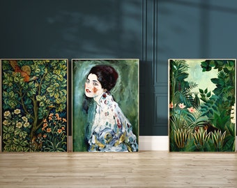 Green Maximalist Wall Art, Set of 3 Prints, Botanical, Rousseau, Gustav Klimt, William Morris, Eclectic Decor, Gallery Wall Set, Large