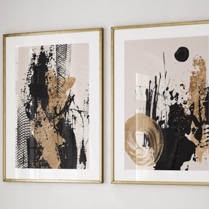 Black Gold Beige Wall Art Set of 2 Prints · Abstract Art · Beige Wall Art · Neutral Art Print · Minimalist Wall Art · Living Room Wall Decor
