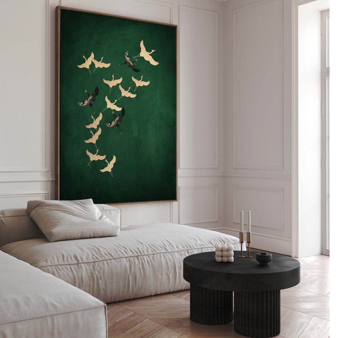 Emerald Green Cranes Canvas Wall Art, Large Framed Art Print, Dark ...