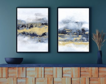 Navy and Gold Wall Art Set of 2 · DIGITAL DOWNLOAD · Large Modern Wall Art Blue and Gold · Gold Foil Effect Print · Printable Wall Art