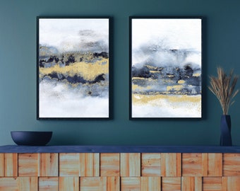 HOURIA 3 Quadri Moderni Astratti Per Parete: Stile Navy E Grigio, Formato 40x60 Cm – Perfetti Per Un Soggiorno Minimal E Chic