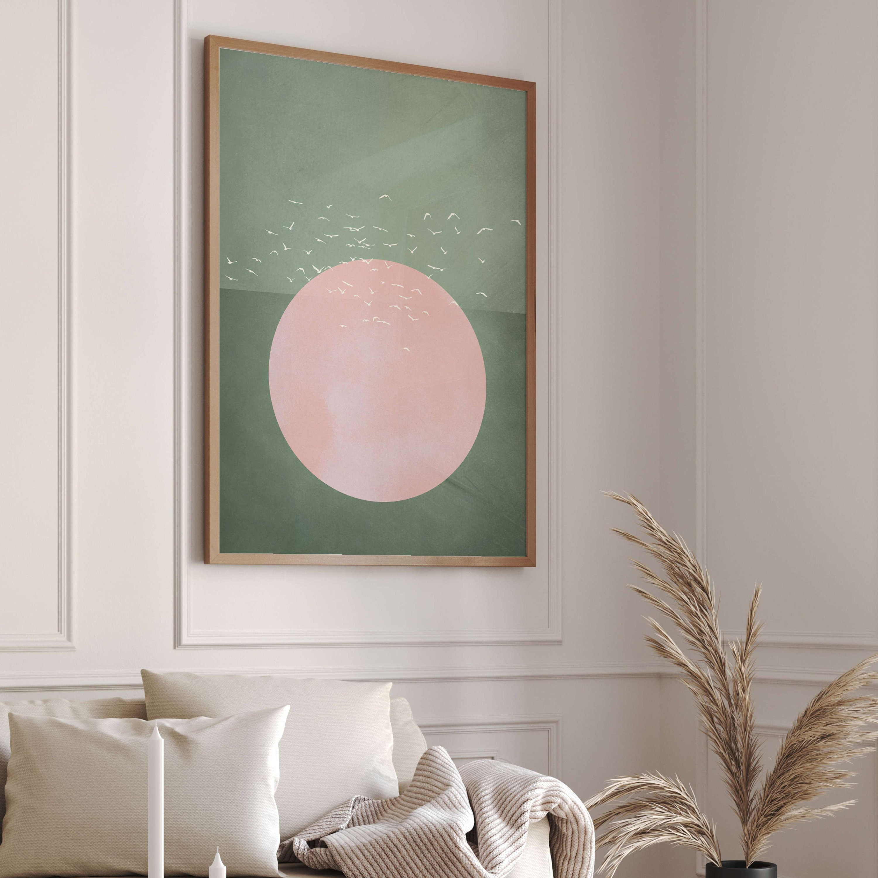 Abstraktes Leinwandbild 50x70cm - Sonne & Vögel In Grün Für Wohnzimmer