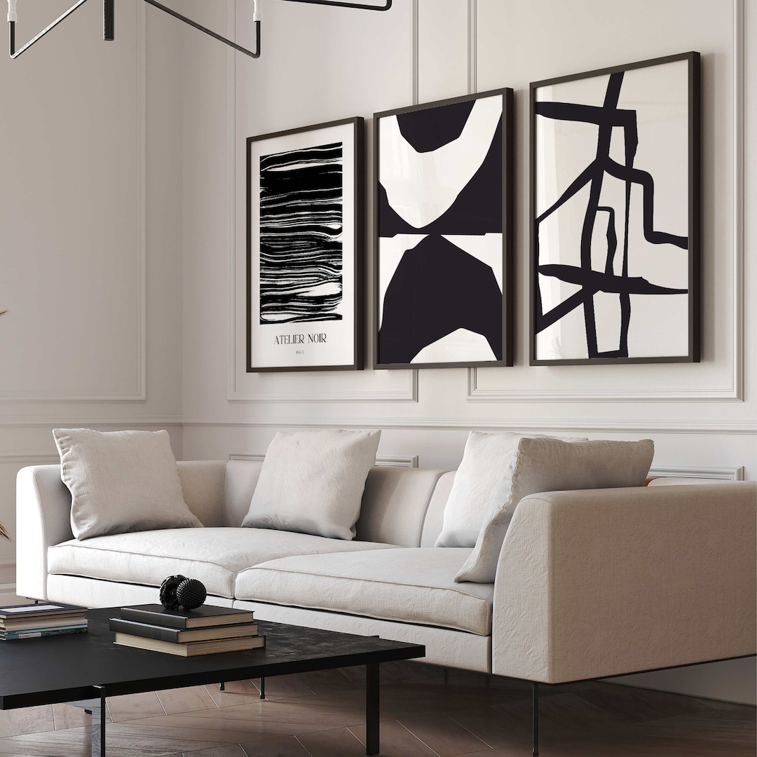 Black and White Wall Art ,set of 3 Prints, Abstract Art, Modern