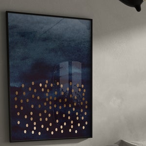 Impressão de arte de parede azul e dourada · Arte abstrata · Arte de parede azul escuro, decoração maximalista, decoração de sala de estar, arte de parede minimalista em aquarela, azul marinho