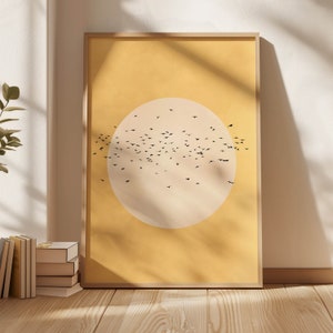 Yellow Sun Japandi Art Print, Flying Birds Wall Art, Abstract Art, Living Room Decor, Large, Japanese Wall Art, Flock, Bedroom Decor