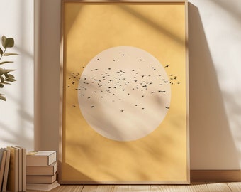 Yellow Sun Japandi Art Print, Flying Birds Wall Art, Abstract Art, Living Room Decor, Large, Japanese Wall Art, Flock, Bedroom Decor