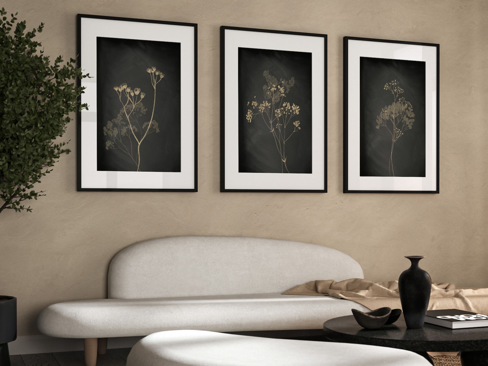 Black and Gold Botanical Wall Art, Set of 3 Prints, French Decor ...