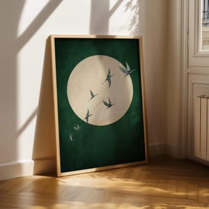 Lámina japonesa verde esmeralda, arte mural con pájaros voladores, arte abstracto lunar, decoración de sala de estar, arte mural japonés grande, decoración de dormitorio
