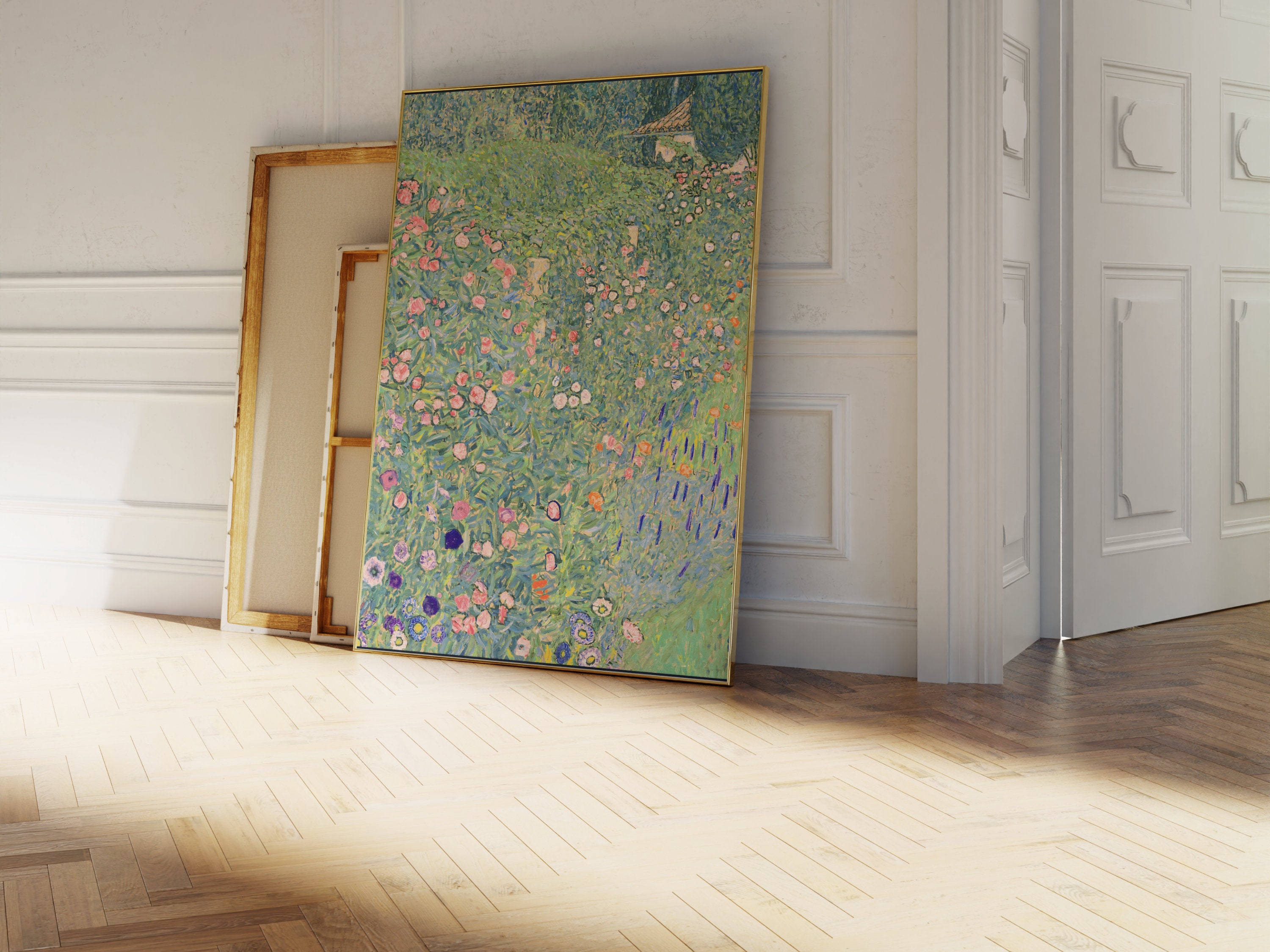 Italian Garden Di Gustav Klimt – Stampa Su Tela Con Cornice, 76x50 Cm, Pronta Da Appendere, Verde E Panna